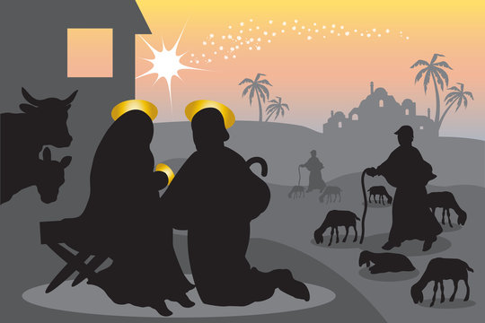 Representation of the nativity of Jesus with silhouettes of the holy family and shepherds