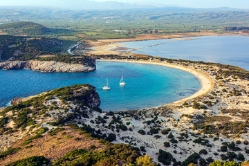 View of Voidokilia beach in the Peloponnese region of Greece, from the Palaiokastro