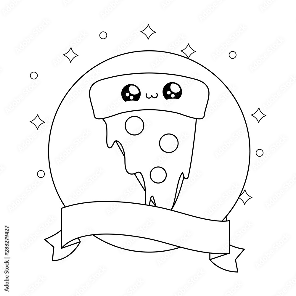 Poster slice of pizza in frame circular with ribbon kawaii style