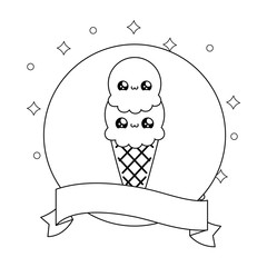 ice cream in frame circular with ribbon kawaii style