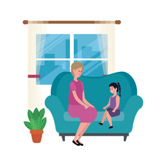 cute grandmother with granddaughter in the sofa characters