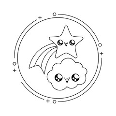 cute shooting star with cloud in frame circular kawaii style