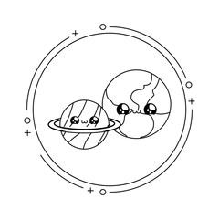 world with planet saturn in frame circular kawaii style