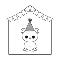cute bear animal with hat party and garlands hanging