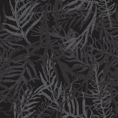 Camouflage plant leaves, hand drawn seamless pattern. Ink texture with tree branches. Camo with twig. Black and gray grunge drawing. Botanical textile, wrapping paper. Vector background