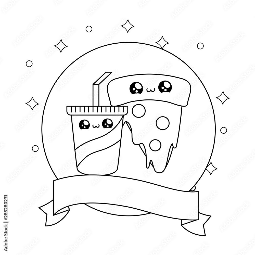 Poster slice of pizza and drink in frame circular with ribbon kawaii style