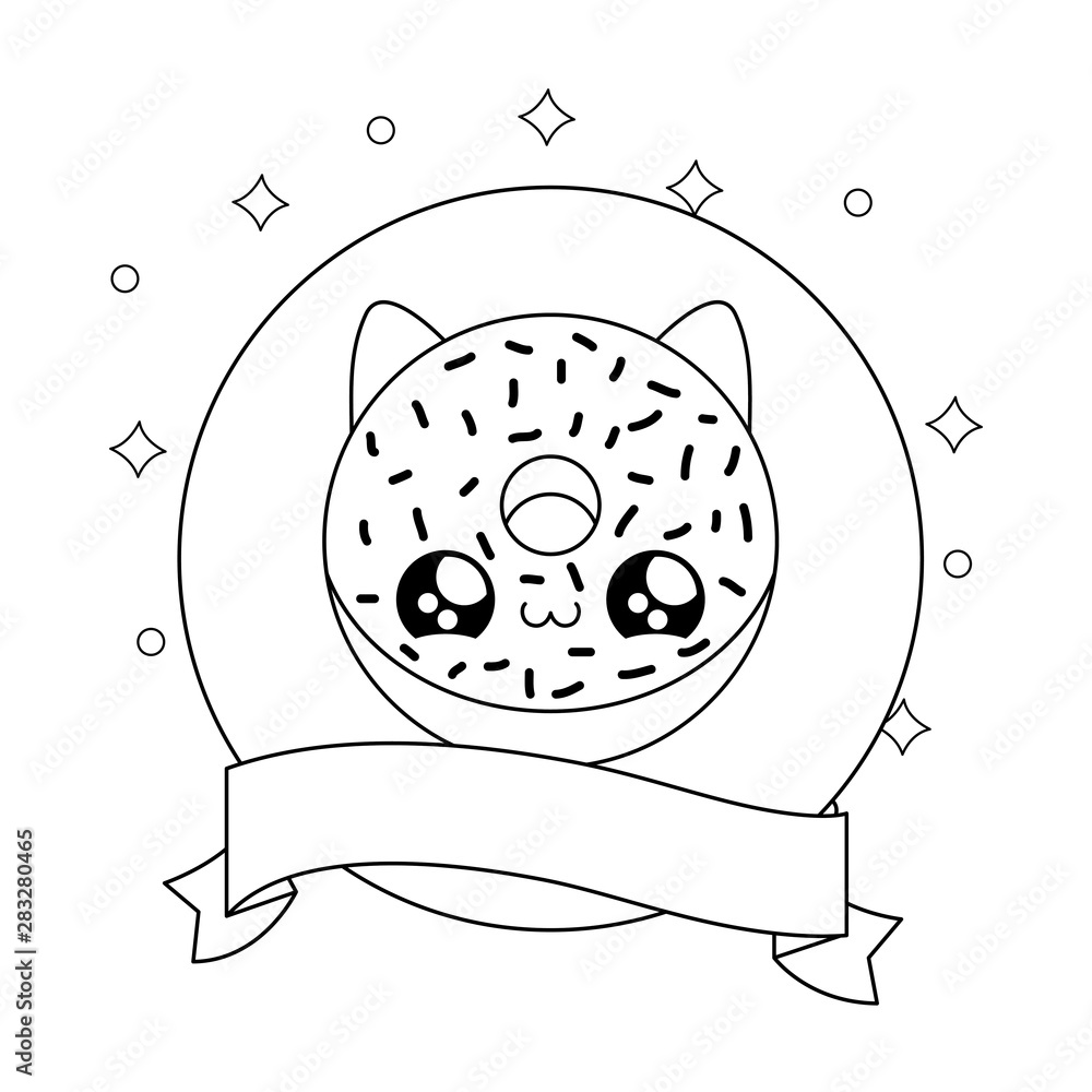 Sticker donut with face cat in frame circular and ribbon kawaii style