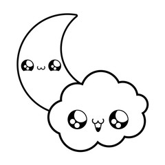 cute moon with cloud kawaii style