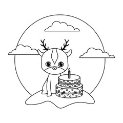 cute reindeer animal with cake of birthday