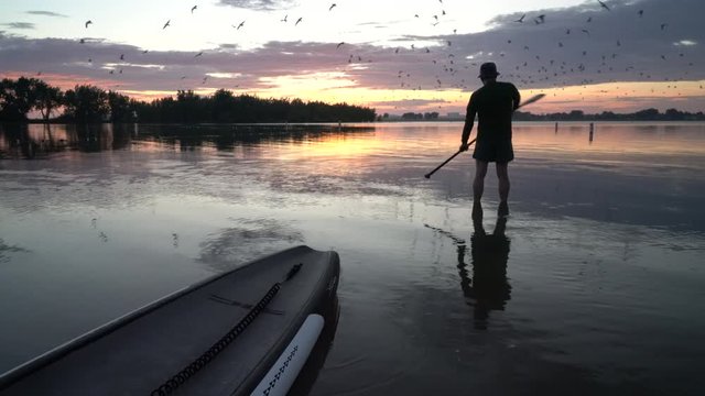 Active senior man is warming up before workout on a stand up paddleboard  - summer morning before sunrise in Boyd Lake State Park in northern Colorado