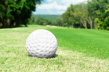 Golf ball on grass in the golf court ready to play.Morning sunshine with fresh feeling.