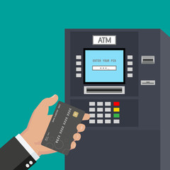 ATM payment. ATM machine with hand and credit card. ATM vector. Withdrawing money from card concept. ATM screen. Payment using credit card. 