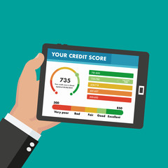 Credit score online report document on tablet, flat cartoon digital good history ranking loan record on tablet display.