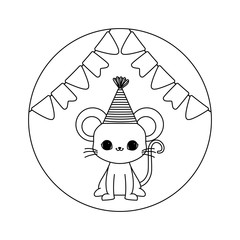 cute mouse animal with hat party and garlands hanging