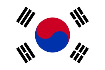 South Korea flag, black blue and red elements on white background 