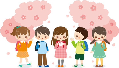 子供　小学生　桜　入学　ランドセル　集合