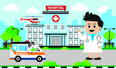 Obraz na płótnie Canvas Patient care concept. Vector of doctor team standing on a hospital building, ambulance car background
