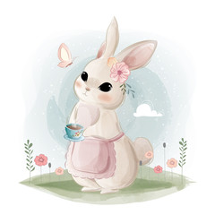 Fototapeta na wymiar Cute Bunny Holding a Tea Cup