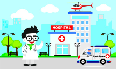 Patient care concept. Vector of doctor team standing on a hospital building, ambulance car background