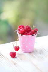 fresh Raspberry in pink bucket, summer harvest season. Ripe crimson berries in mini bucket on...