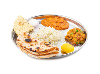 Indian Traditional Special Thali Food Also Know as Punjabi Thali, North Indian Thali or Indian Veg Thali Isolated on White Background