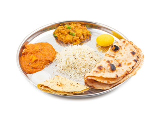 Indian Traditional Special Thali Food Also Know as Punjabi Thali, North Indian Thali or Indian Veg Thali Isolated on White Background