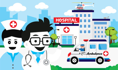Fototapeta na wymiar Patient care concept. doctor team standing on a hospital building, ambulance car background