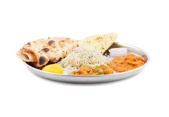 Indian Traditional Special Thali Food Also Know as Punjabi Thali, North Indian Thali or Indian Veg Thali Isolated on White Background