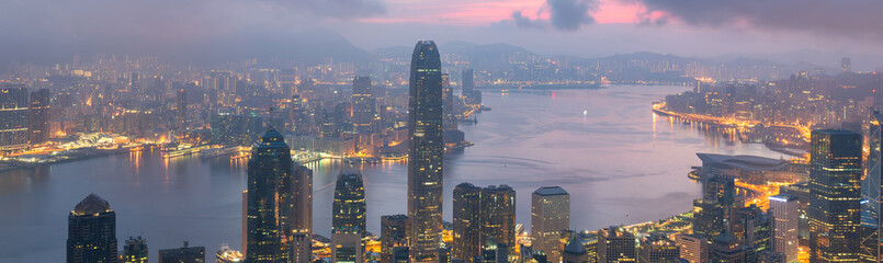 Plakat Modern office corporate building. Low angle view of skyscrapers in city of Hong kong .Panoramic and perspective view Business concept of success industry tech architecture. 
