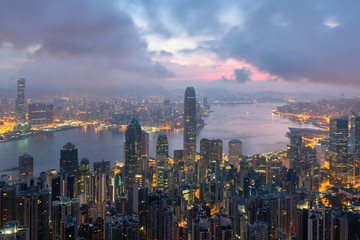 Fototapeta premium Modern office corporate building. Low angle view of skyscrapers in city of Hong kong .Panoramic and perspective view Business concept of success industry tech architecture. 