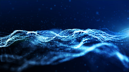 Abstract blue color digital particles wave flow. Technology background concept