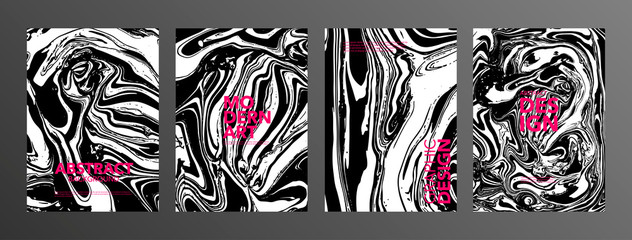 Monochrome ebru stains banners vector set. Black and white suminagashi backgrounds with pink typography.