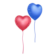 Fototapeta na wymiar Two red and blue inflated helium balloon of heart shaped, part for decoration holidays, valentines day and party concept on white background