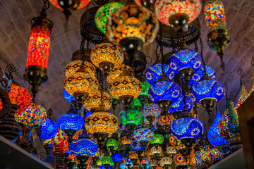 Traditional colorful decorative Turkish oriental lamps for sale in at a souvenir shop in Kotor old town in Montenegro