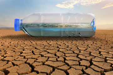 Clean water in plastic bottle on dry land of crakced earth metaphor save water, water crisis and...