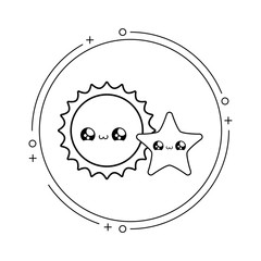 cute hot sun with star in frame circular kawaii style