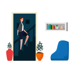 woman climbing the stairs in living room place scene