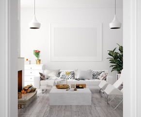 Obraz na płótnie Canvas Mock up poster in modern home interior with fireplace, Scandinavian style, 3d render