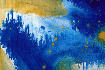 Ultramarine and ochre watercolor hand drawn background. Vintage indigo dry brush strokes raster illustration.