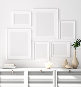 Mock up poster frame on chest of drawers near white wall, Scandinavian style, 3d render