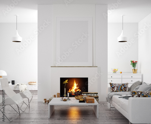 Download Mock Up Poster In Modern Home Interior With Fireplace Scandinavian Style 3d Render Wall Mural Artjafara