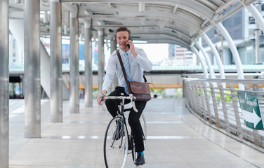 Young Business man with Bicycle for go to Work. Financial man business Office Company Lifestyle for working Corporate. 