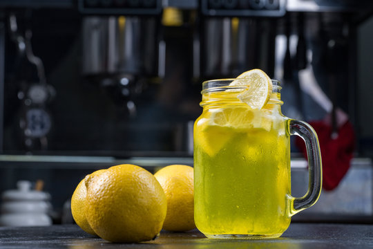 Lemonade or Mojito cocktail with lemon and mint, raspberry, sea buckthorn, grapefruit, cold refreshing drink or drink with ice