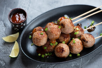 Plate with nem nuong or fried vietnamese pork sausages on skewers, selective focus, studio shot