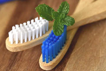 Closeup of two natural vegan eco-friendly wooden toothbrushes with blue and white bristles and...
