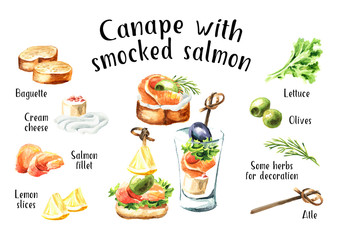 Appetizer for a festive table. Mini canape with  salmon fillet  recipe and ingredients set. Watercolor hand drawn illustration isolated on white background