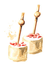 Appetizer for a festive table. Mini canape. Cream cheese on skewer. Watercolor hand drawn illustration isolated on white background