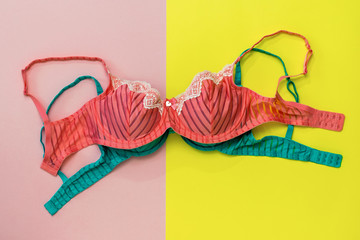 Red bra lying on green on a background of two colors. Flat lay.