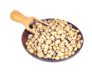 Fresh Raw coffee beans in wood dish on white background.