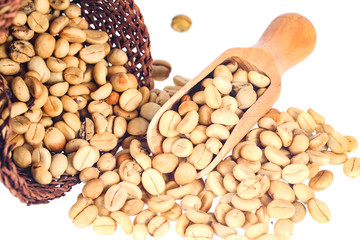 Fresh Raw coffee beans in wood spoon on background.